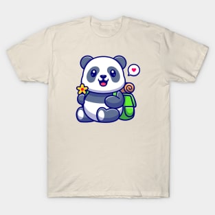 Cute Panda Holding Flower With Backpack Cartoon T-Shirt